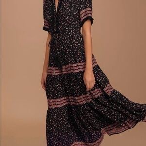 Free People Black Floral Maxi Dress with Pink Banding